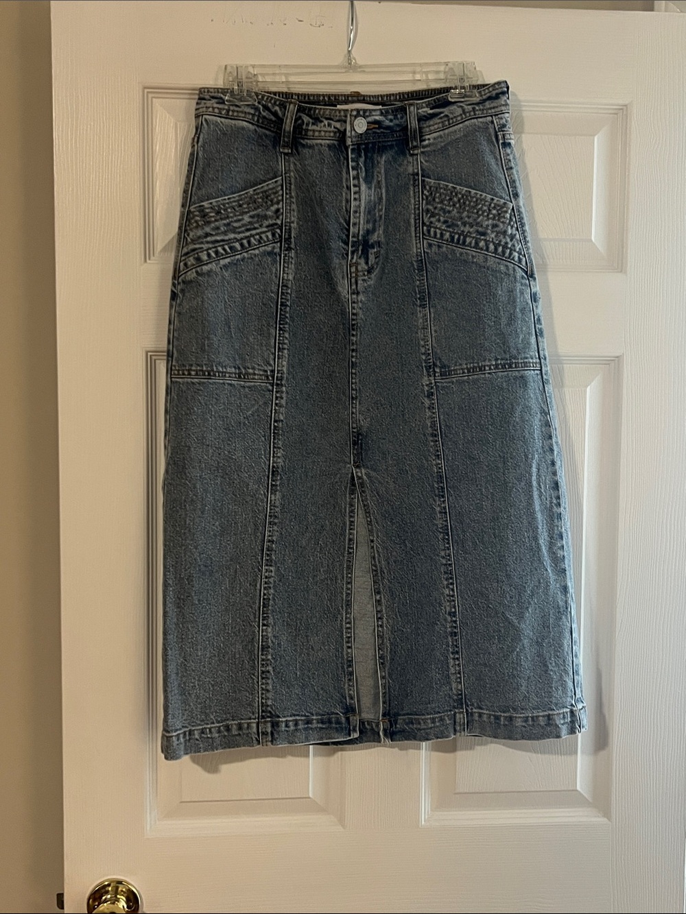 Habitual Panel-Detail Midi Denim Skirt in Light Blue Wash
